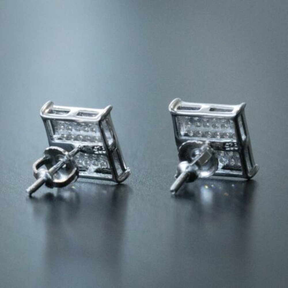 Unisex Silver Plated CZ Square Stud Earrings - Picture 5 of 7